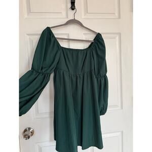 Exlura Square Neck Puff Sleeve Mini Dress – Dark Green – Size S